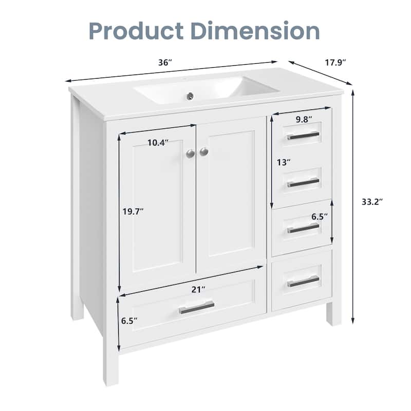 EROMMY All-in-One Bathroom Vanity with Ceramic Sink, Soft-Close Storage Cabinet & Drawer, Glossy Countertop, White
