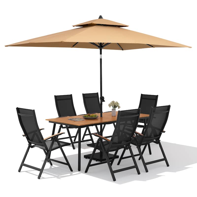 9PC Outdoor Patio Dining Set WoodLike Aluminum Umbrella Hole Table with Folding Chairs,Double Top Market Umbrella and Wheel Base