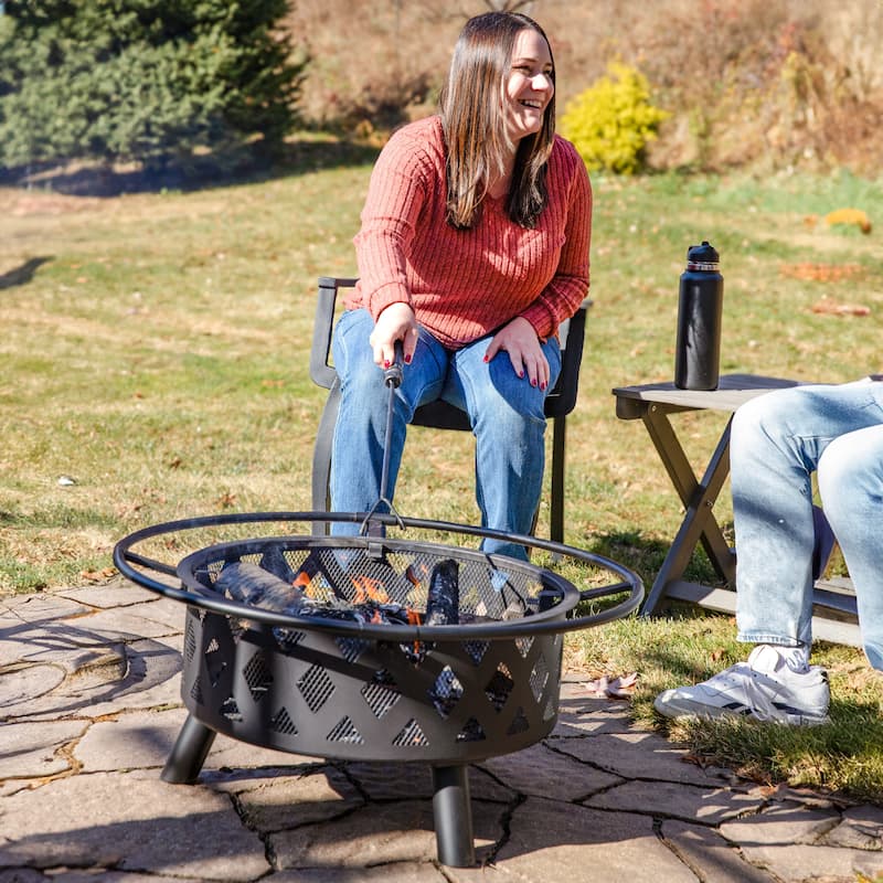 Black Crossweave Wood Fire Pit with Cover, Spark Screen, Grate, and Poker - 30"