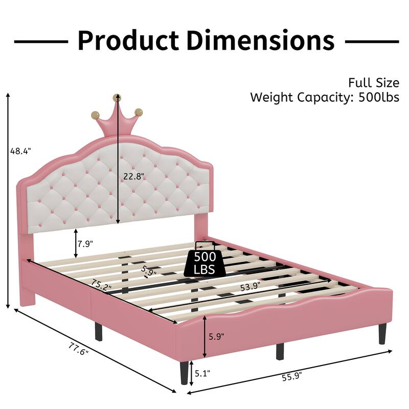 Lovely Crown Fantasy Princess Bed, PU Leather Tufted Headboard Platform Bed, Kids Wood Slat Panel Bed