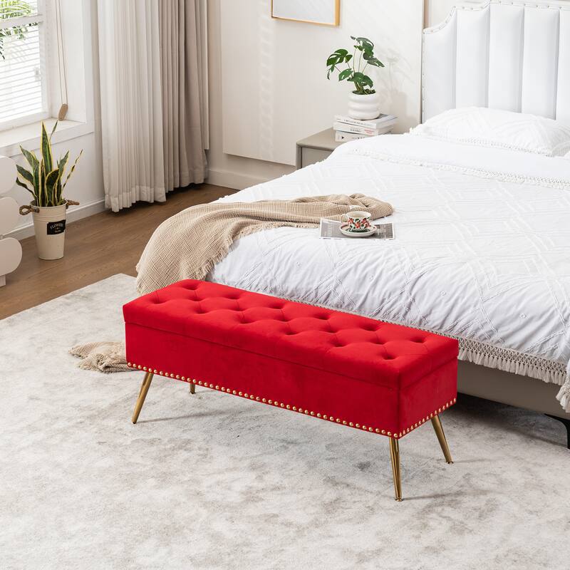 Velvet Storage Ottoman Bench with gold legs and Nailhead Trim for Bedroom/End of Bed/Entryway/Window