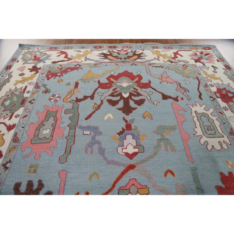 Light Blue Oushak Rug Hand-Knotted Oriental Wool Carpet - 9'2"x 11'8"