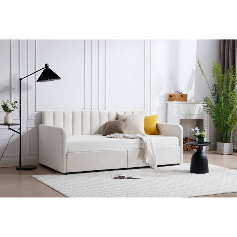 Velvet Twin Size Daybed with Ribbed Backrest, 2 Dust-Proof Storage Drawers, Boucle Upholstery, Sturdy Metal Frame