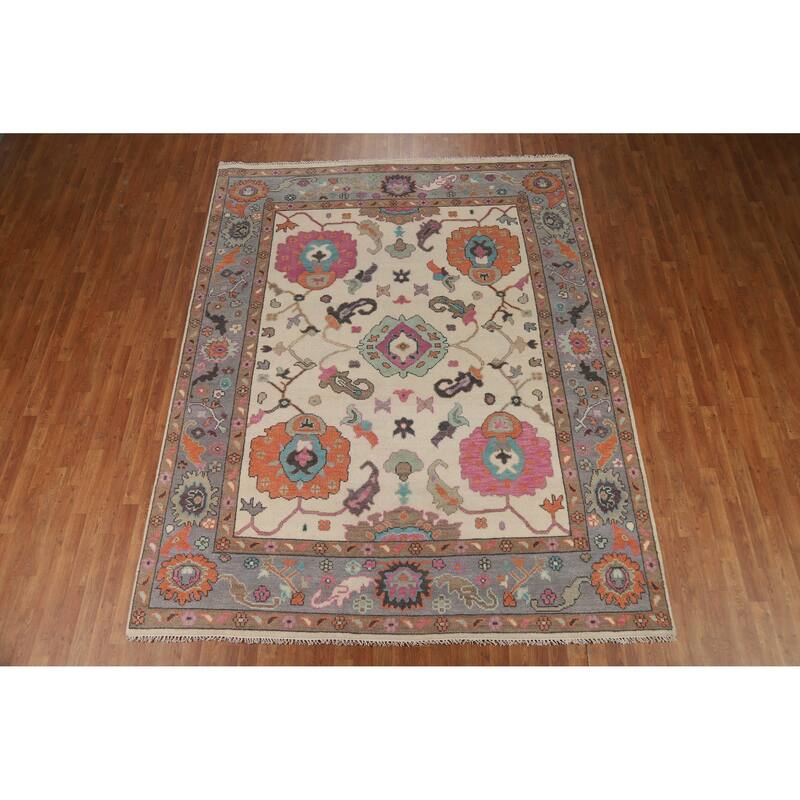 Ivory Floral Oushak Indian Area Rug Handmade Wool Carpet - 7'11" x 10'0"