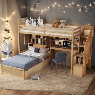 Natural Pinewood Twin over Twin Loft Bed with Built-in Desk and Staircase