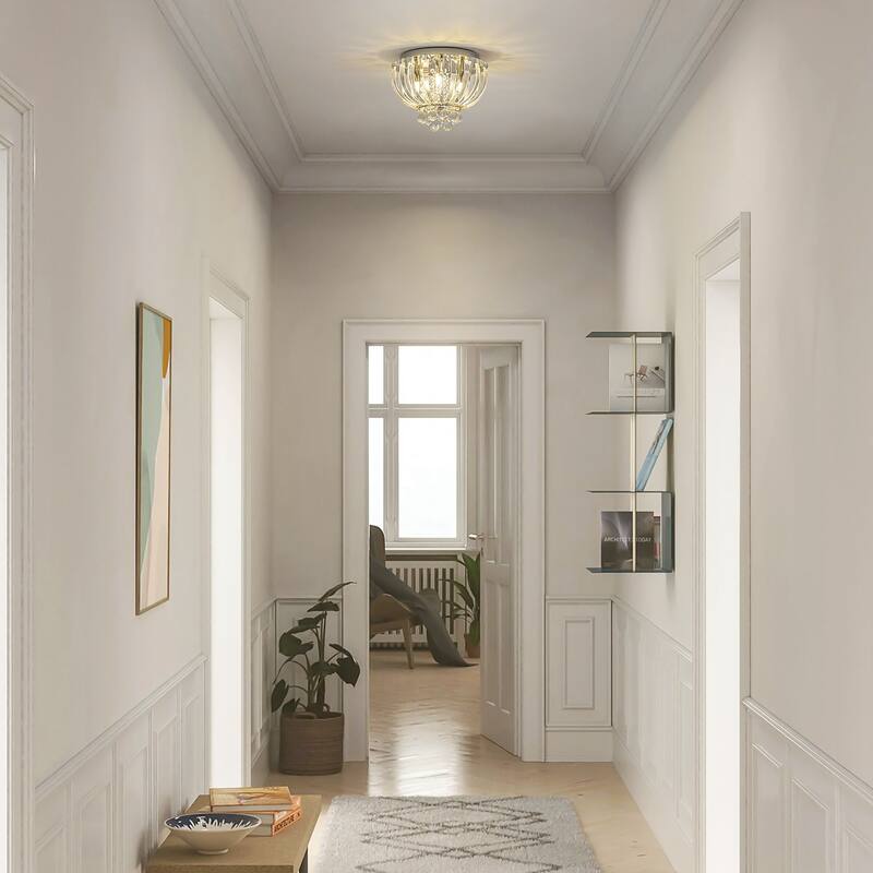 3-Light Transitional Metal & Crystal Flush Mount with Sparkling Clear Crystal Shade for Living Room - 11.8 in. W x 8 in. H