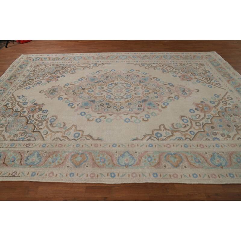 Beige / Ivory Medallion Tabriz Persian Rug Hand-Knotted Wool Carpet - 8'0"x 11'4"