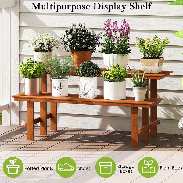 Costway 2 Tier Wood Plant Stand with Teak Oil Finish Indoor
