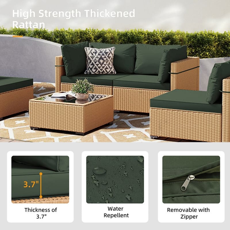Patio Watcher 5-Pieces Yellow Rattan Conversation Set with Cusions for Outdoors