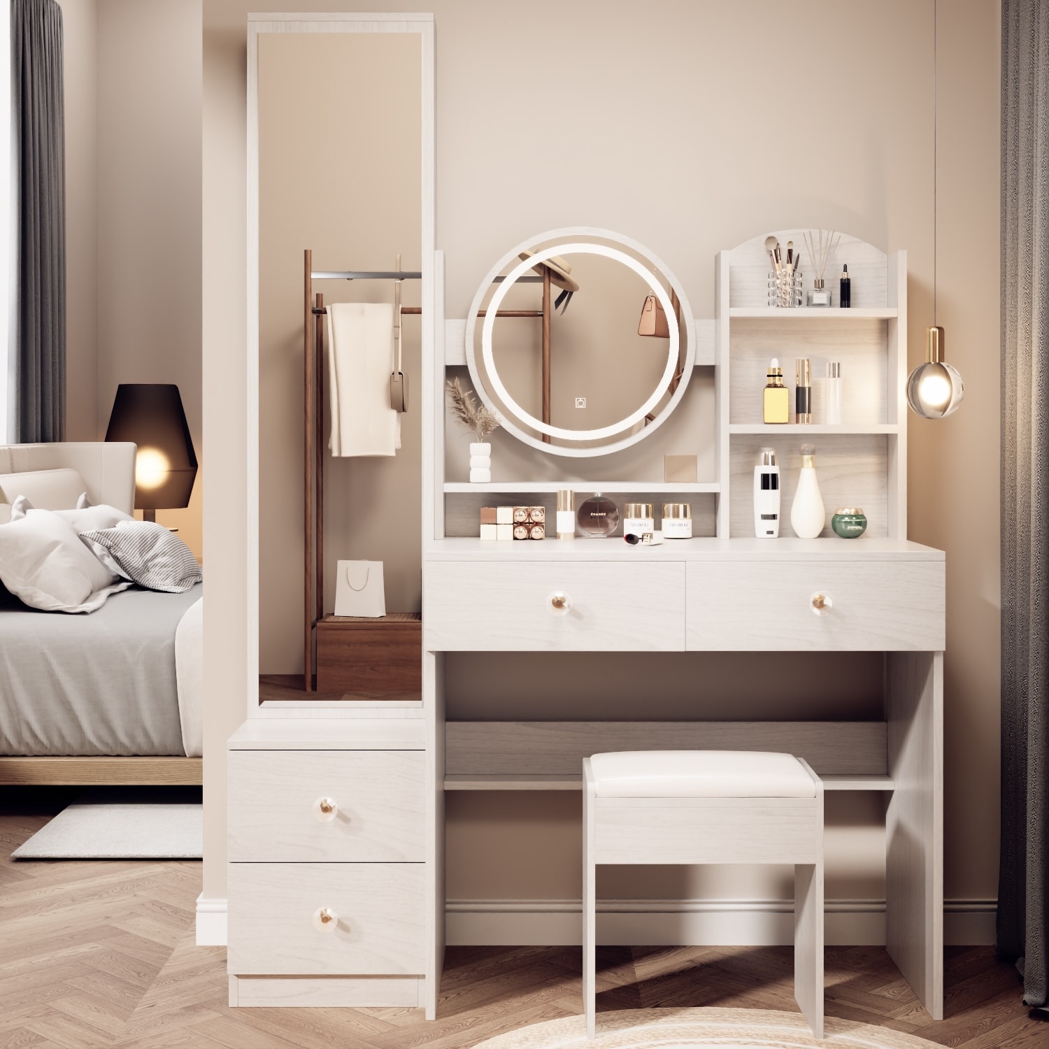 Fashion Full Vanity Table,Desktop,Multi-layer High Capacity Storage Dresser  with Round Mirror,Touch Control - Bed Bath & Beyond - 42344006