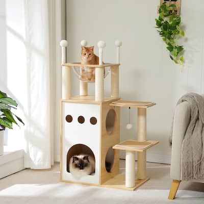 Modern Cat Tree Cat Tower with 2-Floor Condo, Scratching Posts, Capsule Nest & Dangling Balls