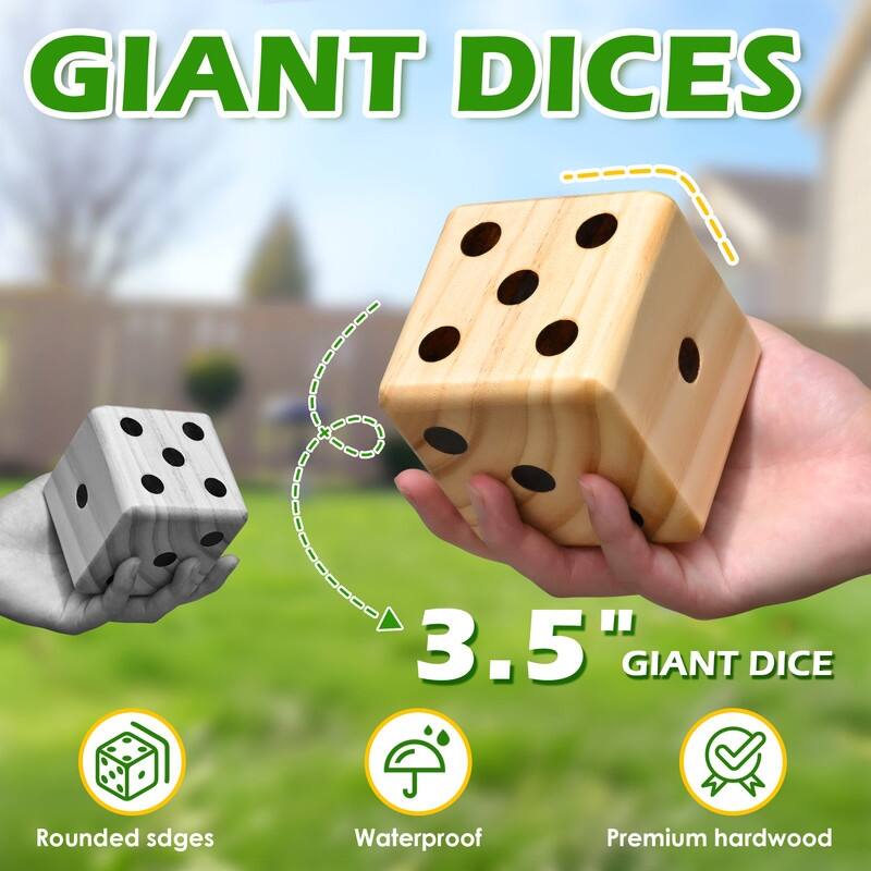3.5 in Giant Wooden Yard Dice Set, includes 6 Dice, Collapsible Bucket, Score Cards & Dry Erase Marker - N/A