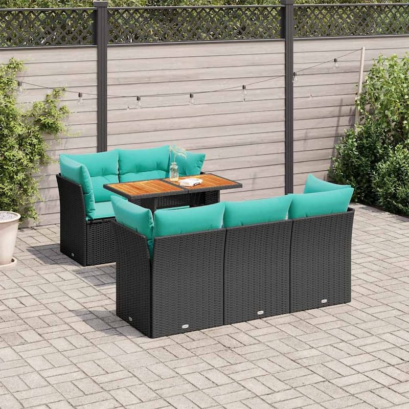 vidaXL 6 Piece Patio Sofa Set with Cushions Black Poly Rattan - 21.7" x 24.4" x 27.2"