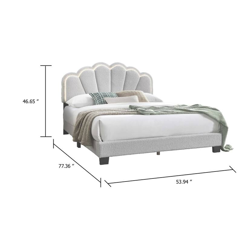 Madsy Full Bed, White Upholstered Fan-Shaped Headboard, Metallic Accents