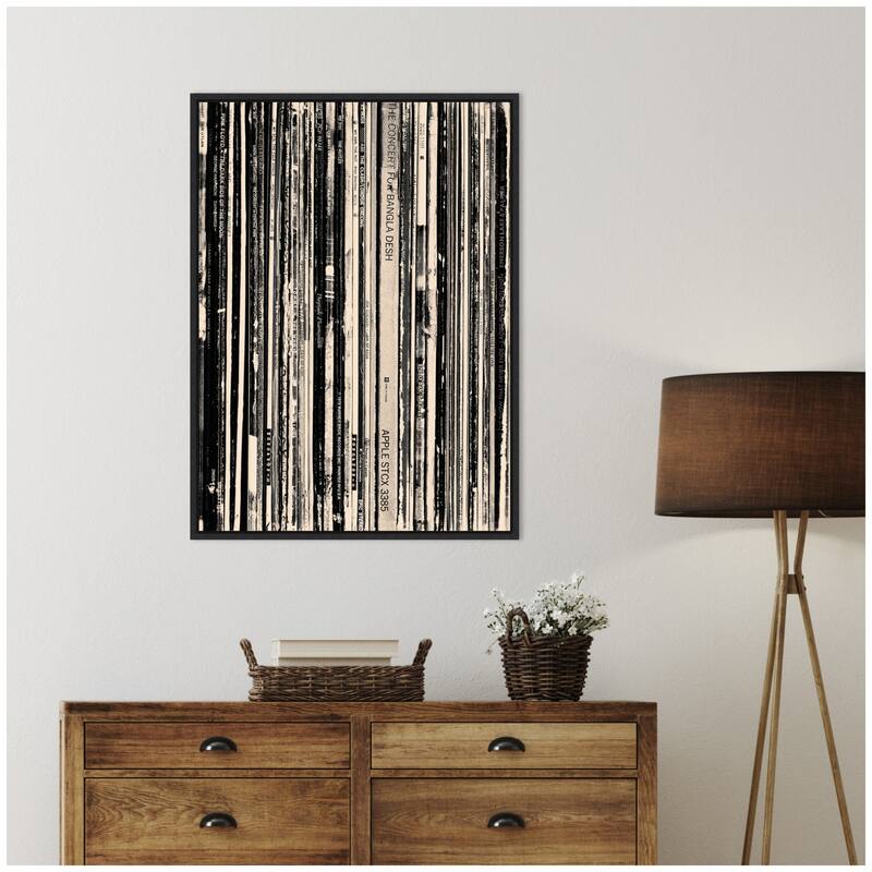 Kate and Laurel 33 RPM Black and White by Robert Cadloff Framed Canvas Wall Art Print