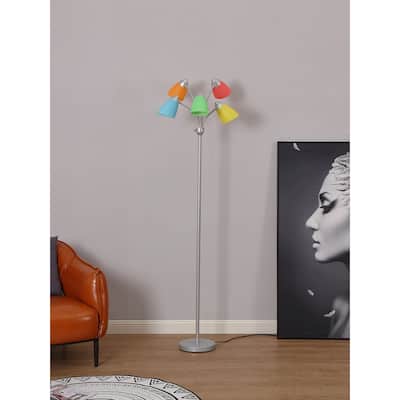 Brightech Medusa 74" Platinum Silver Modern 5-Light Height Adjustable Gooseneck LED Floor Lamp with 5 Multicolored Cone Shades