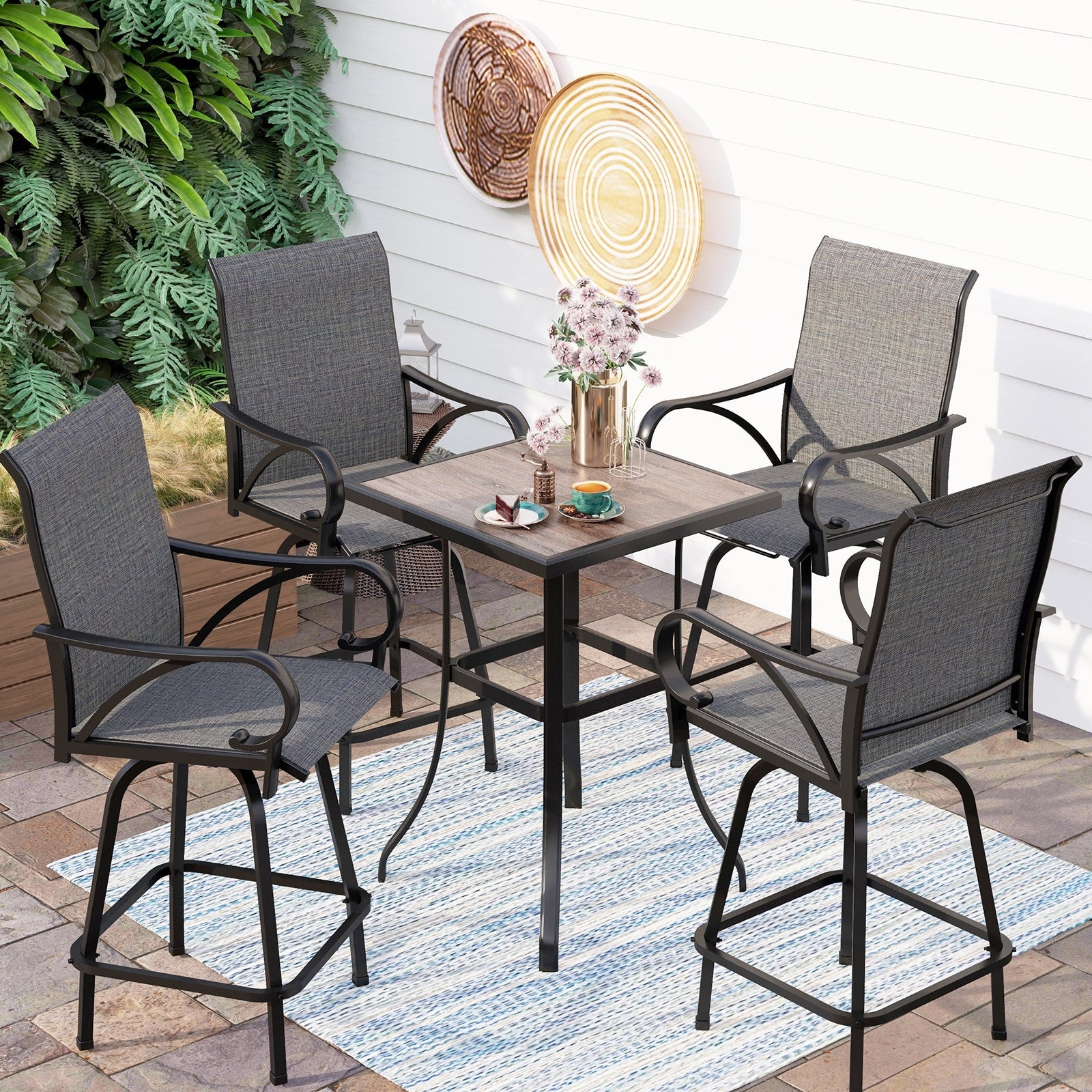MAISON ARTS 3/5 Pieces Patio Bar Stool Set Wood-look Table & Grey Textilene Sling Fabric Swivel Bar Stools