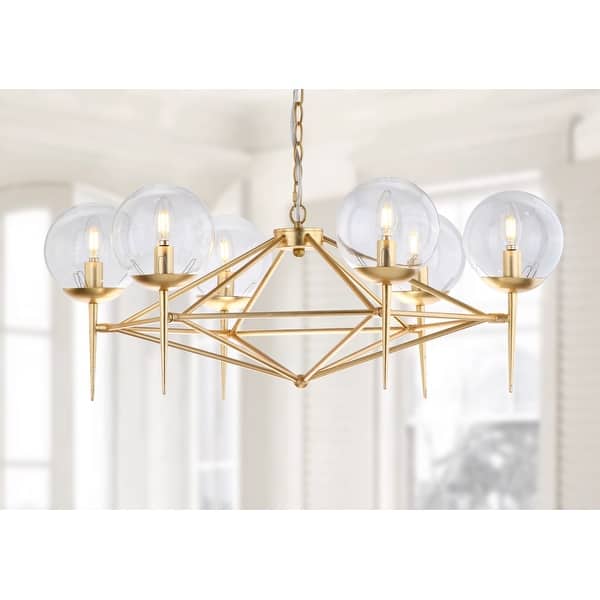 slide 2 of 16, SAFAVIEH Lighting Greyor 34-Inch LED Metal 6-Light Chandelier, Gold - 34" x 34" x 12-84" 34" x 34" x 12-84" - Gold