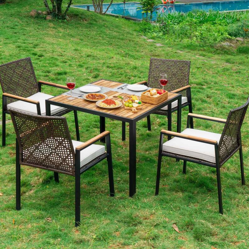 5-Piece Square Indoor/Outdoor Patio Table and Rattan Chairs Set with Umbrella Hole