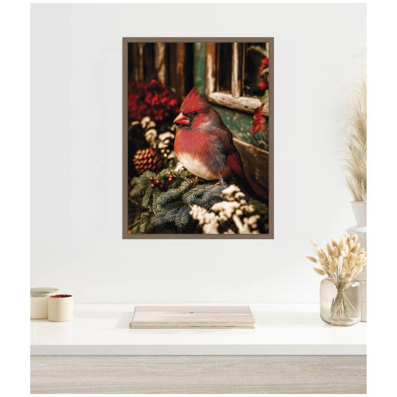 Kate and Laurel Framed Canvas Red Cardinal Sitting On a Mistletoe by Michael Schauer