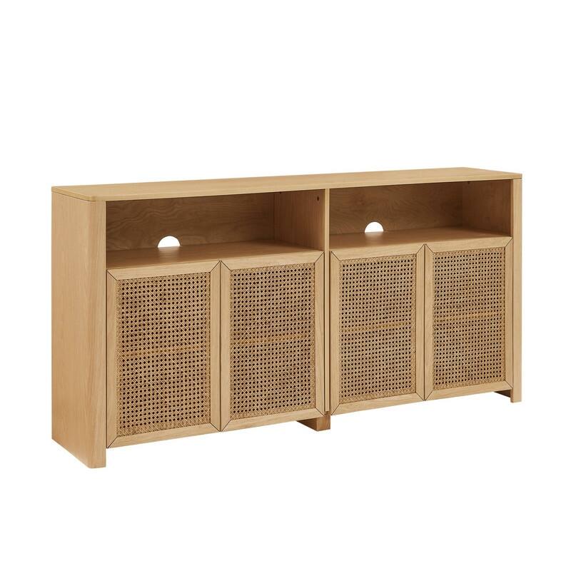 Mid Century Modern 63" Wide 4 - Cane Rattan Door Storage Sideboard with Open Shelf, Wine Bar Credenza for Living Room Entryway