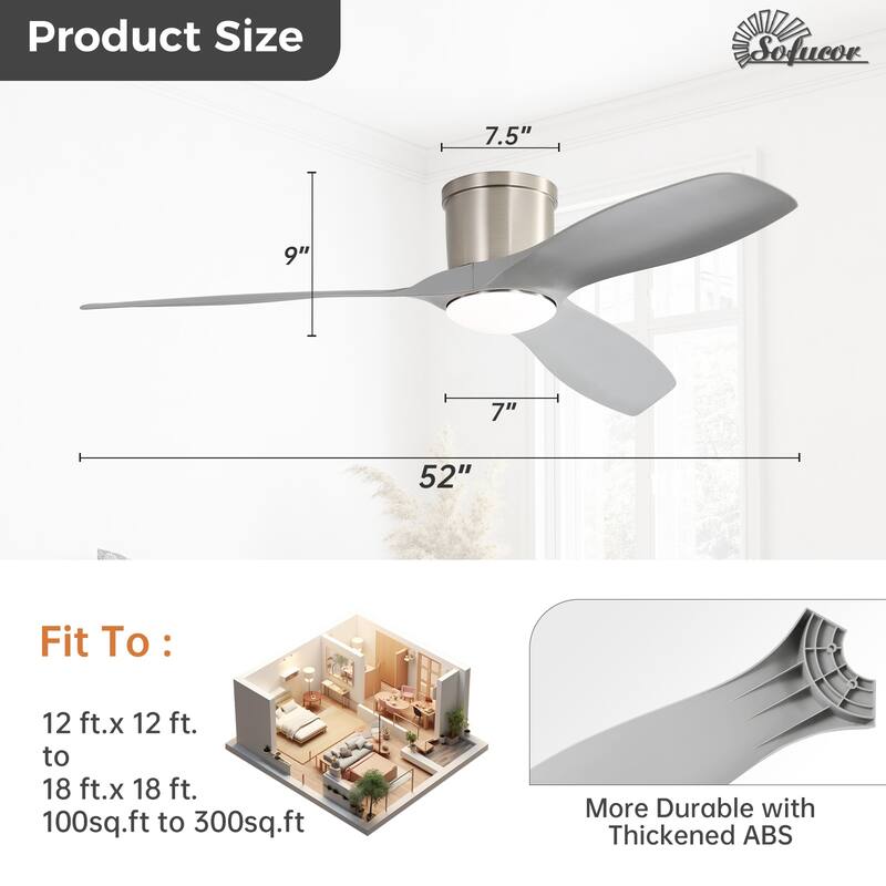 Sofucor 52 Inch Low Profile Flush Mount Ceiling Fan With Light and Remote,3-ABS Blades Smart Optional,Reversible DC Motor