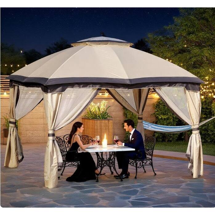 10x12 Outdoor Gazebo with Mesh Walls, Double-Tier Roof & Curtains for Patio, Backyard or Garden