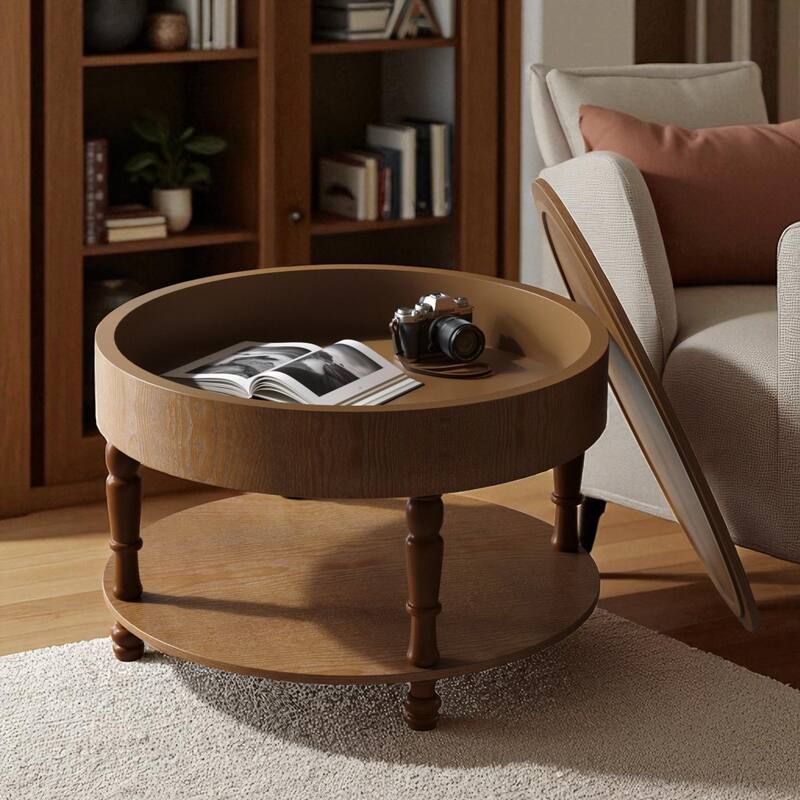 31.5" Round Coffee Table with Dual Storage, Modern 2-Tier Wood Accent Table with Hidden Compartment & Adjustable Feet