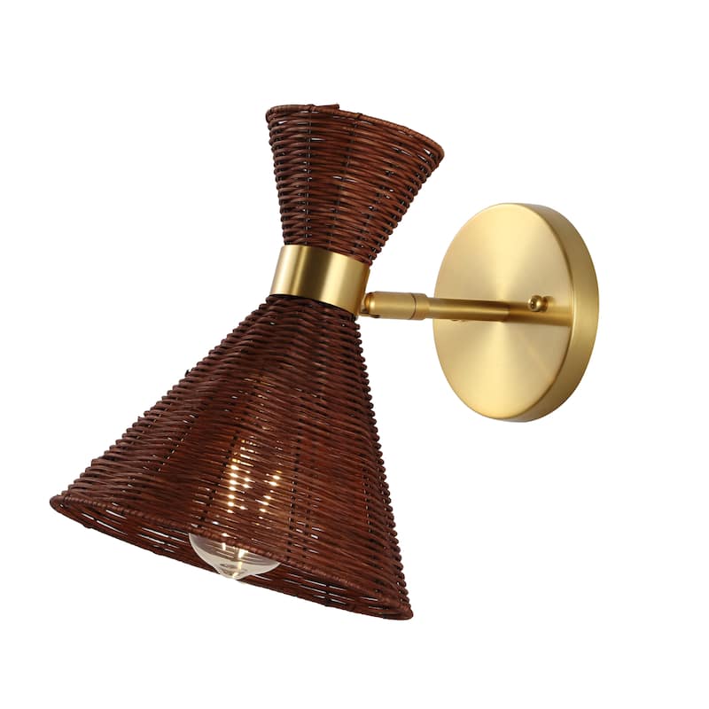 Kiawah 10" 1-Light Mid-Century Vintage Retro Rattan/Metal LED Sconce with Adjustable Shade, by JONATHAN Y - Brass Gold/Dark Brown