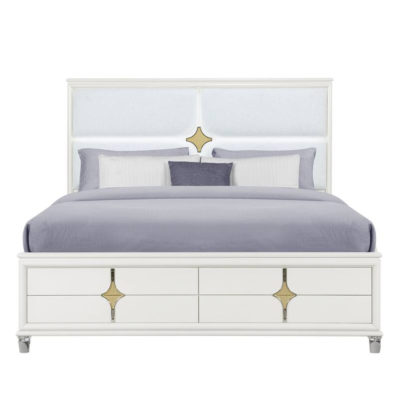 HomeRoots Gold and White Wood And Upholstery Lighted Queen Bed Frame