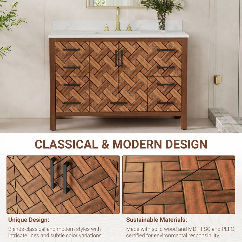 48" Freestanding Bathroom Vanity with Engineered Stone Top, Ceramic Sink, Built-In Power Outlet, and Hair Dryer Storage