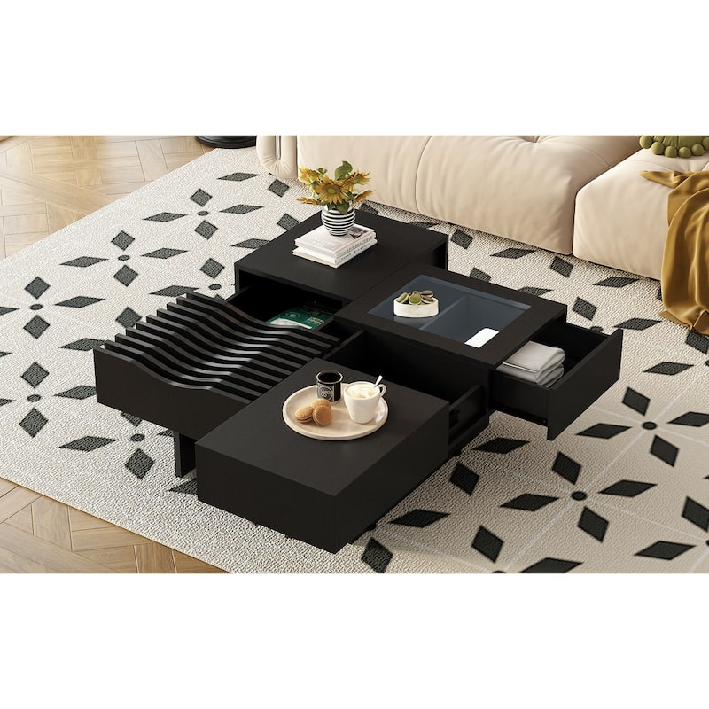 33'' Mid-Century Modern Coffee Table with 3 Drawers, Tempered Glass & Solid Wood Legs for Living Room - 33" D x 33" W x 14.1" H