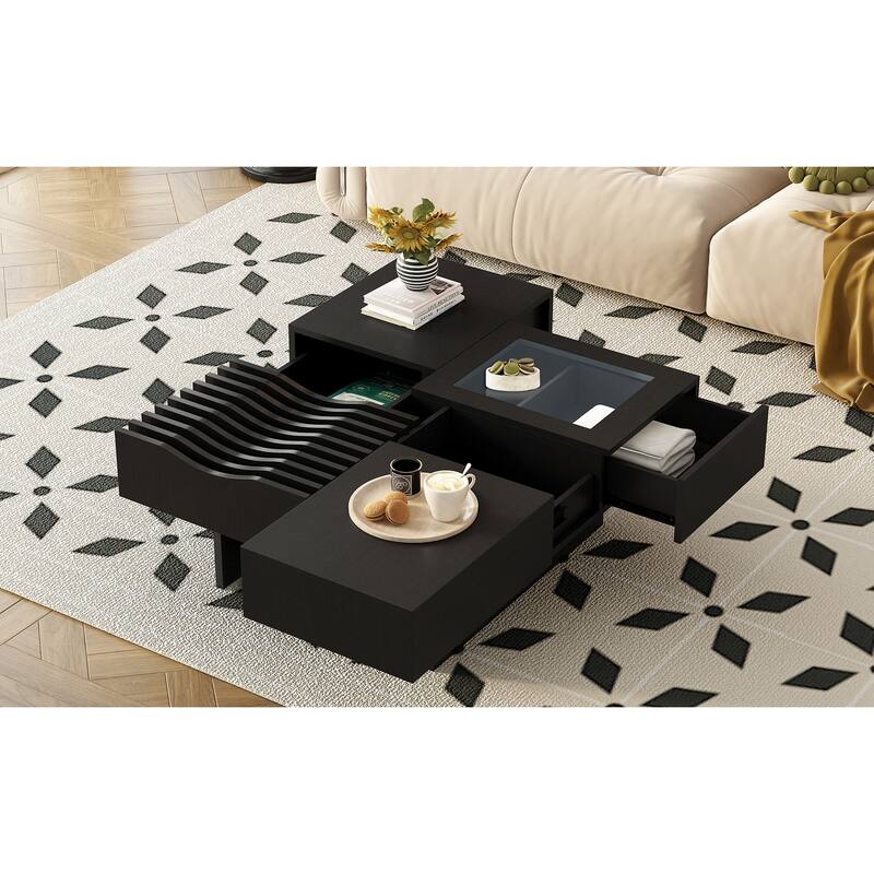 Mid-Century Modern Coffee Table Square Coffee Table with 3 Drawers and Tempered Glass Viewing Window, for Living Room