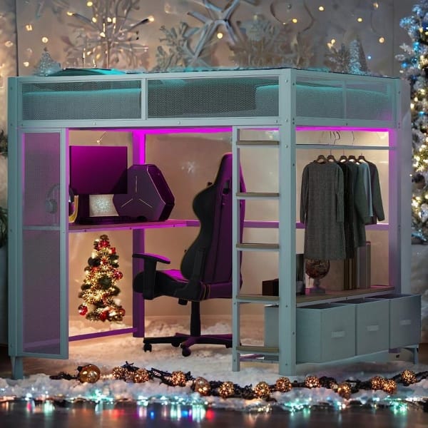 slide 2 of 30, LED Design Full Size Metal Loft Bed with Desk,Open Wardrobe and 3 Linen Storage Drawers White