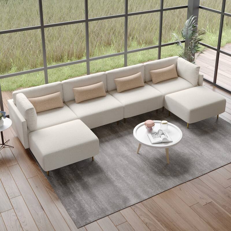 U-Shaped Sectional Sofa with Two Ottomans - Beige