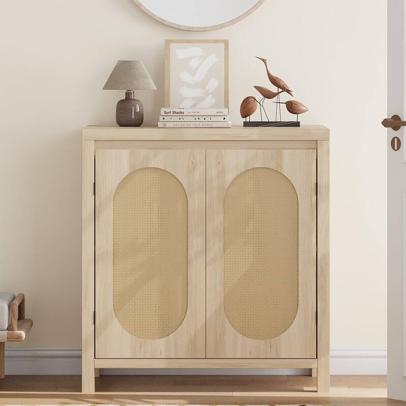 Rattan Storage Cabinet, Wooden Sideboard Buffet Cabinet with Doors and Shelves