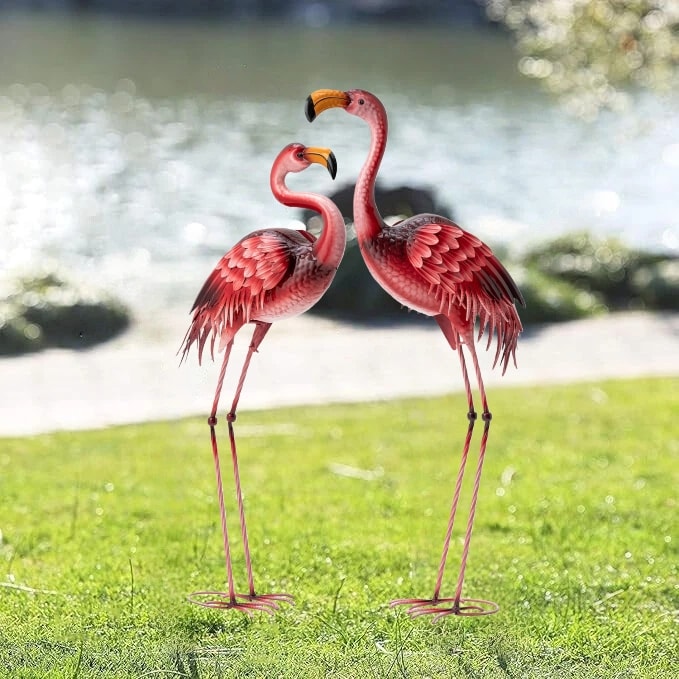 Glitzhome Metal Standing Flamingo Garden Statue with Stakes Yard Art Sculpture