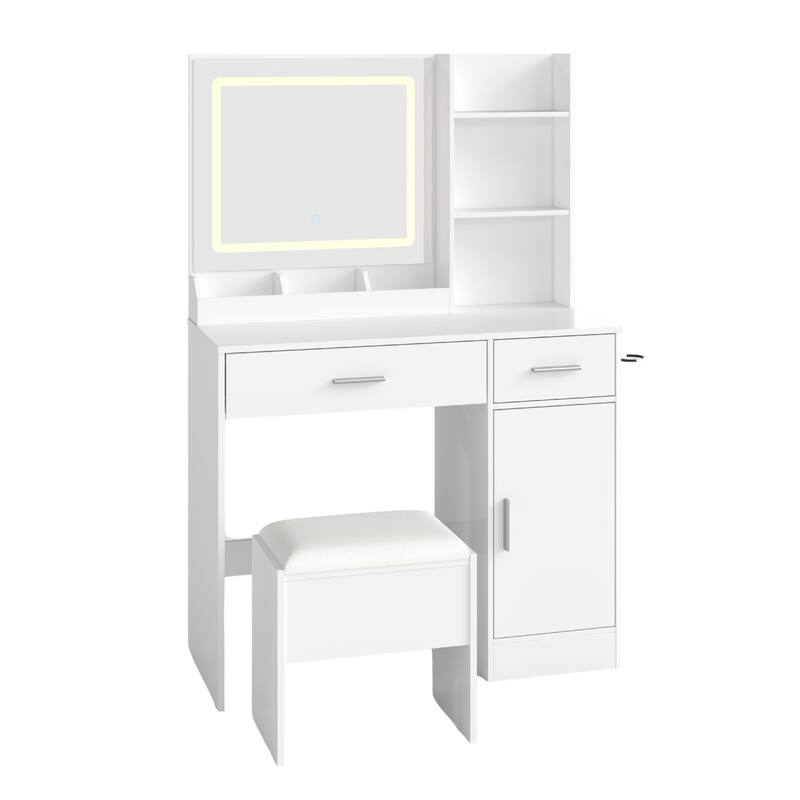 Makeup Vanity Set, Vanity Desk with Stool, LED Light Mirror and Charging Station