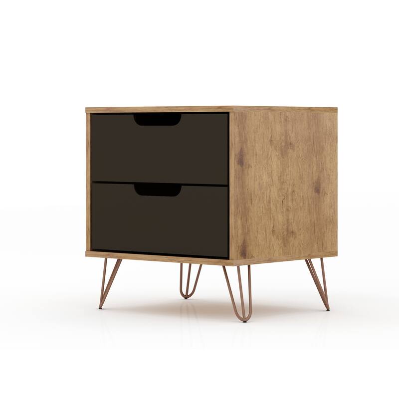 Modern Nightstand with 2 Drawers and Metal Legs Mid Century Design