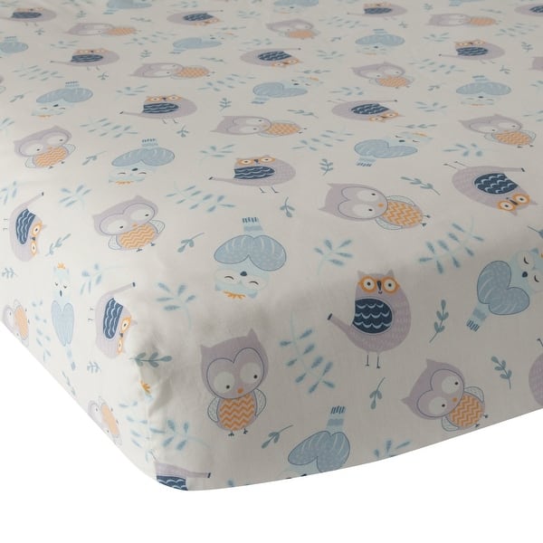 slide 1 of 1, Lambs & Ivy Happi by Dena™ Night Owl White/Blue/Gray 100% Cotton Baby Fitted Crib Sheet