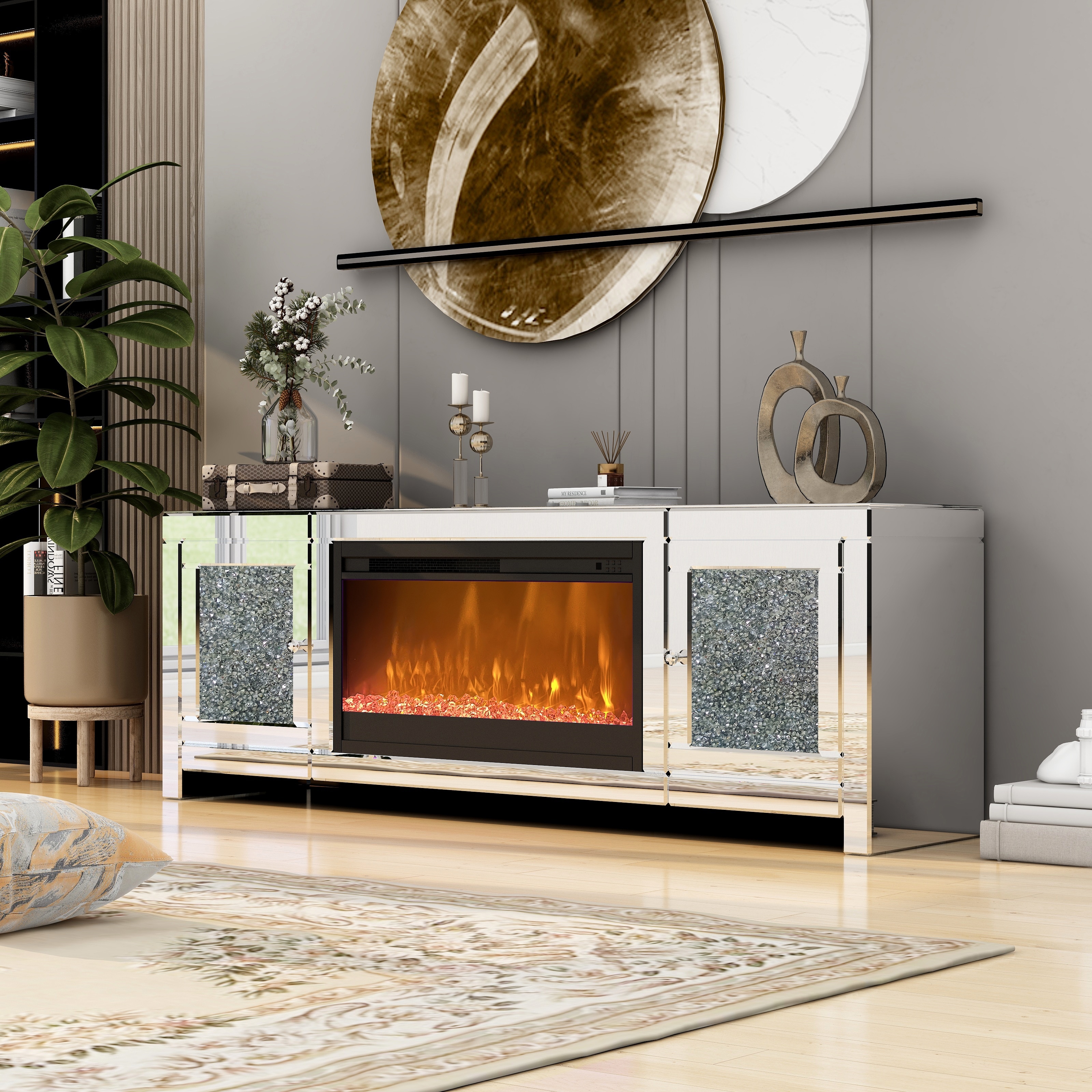 Corner Cabinet Living Room Floor Standing TV Cabinet Mirror Glass TV Stand with Electric Fireplace Crystal Decor Doors