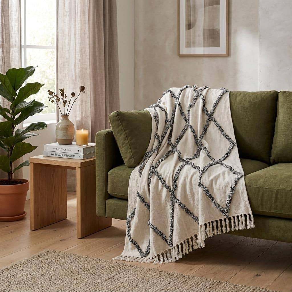 HomeRoots 60" X 50" Cream Woven Cotton Geometric Throw Blanket with Fringe