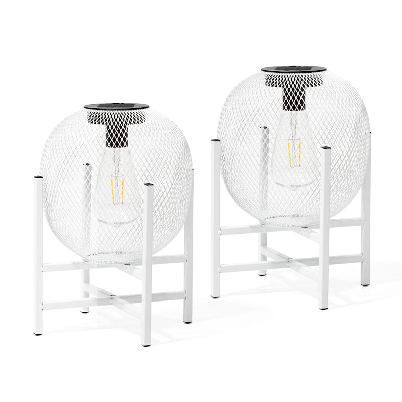 Glitzhome White Metal Outdoor Solar Lantern with Stand (Set of 2) - 2-Piece