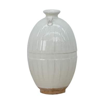 Artissance 12" Off White Ceramic Pot with Stripe Decoration Unglazed Base