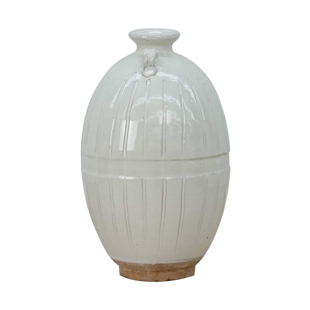 Artissance 12" Off White Ceramic Pot with Stripe Decoration Unglazed Base