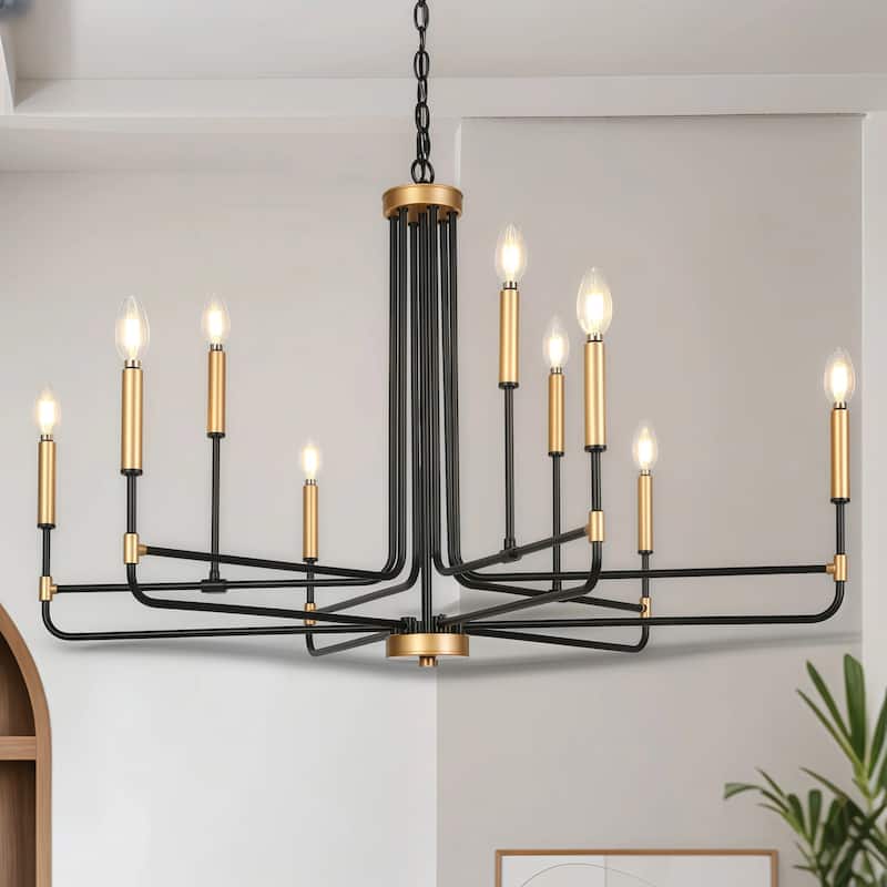 Modern 9-Light Classic Angle Arm Chandelier Gold Black Candle Light - 38.5" Dia. x 25" H