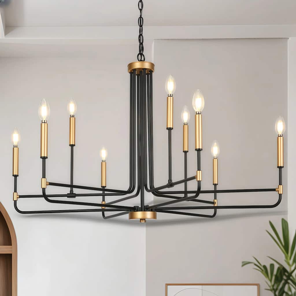 Modern 9-Light Classic Angle Arm Chandelier Gold Black Candle Light - 38.5" Dia. x 25" H