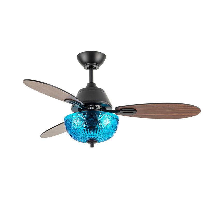 Maisie River of Goods 3-blade 42-inch Modern Indoor Ceiling Fan with Blue Hand-Cut Glass Globe Shade and Remote Control