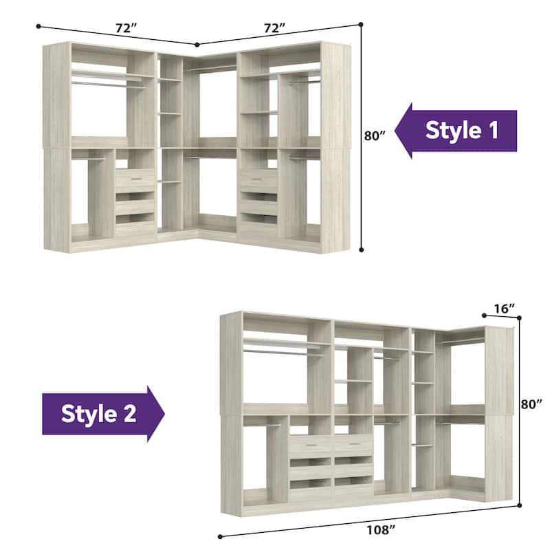 Qvella 72"-108" Closet System with Drawers and Hanging Rods,Freestanding Walk-in Closet Organizer System Wardrobe Closet Tower