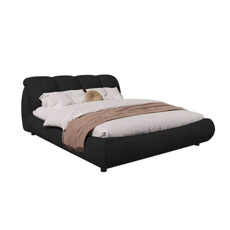King Size Upholstered Bed Frame with Extra-Wide Cushioned Headboard, Solid Pine Slats & Adjustable Mattress Height